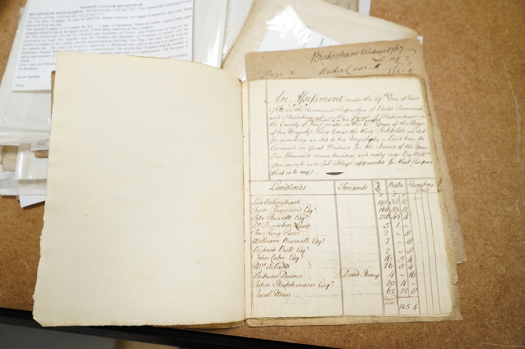 Kent 18th Century Taxation - Beckenham Land Tax Assessment book, 1766: contemp. wrappers (sewn), 8vo. ms. cover title, 8pp. ms. headed and ruled in 6 columns with full ms. infill details (approx. 75 occupiers named), sig